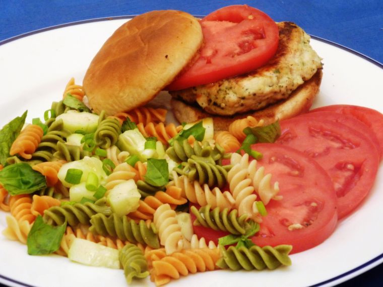 Chicken burger with garden fresh pasta salad